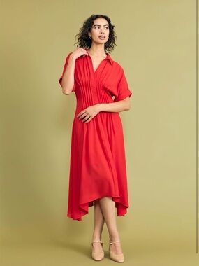 V-Neck Red High-Low Midi Dress with Pleated Bodice